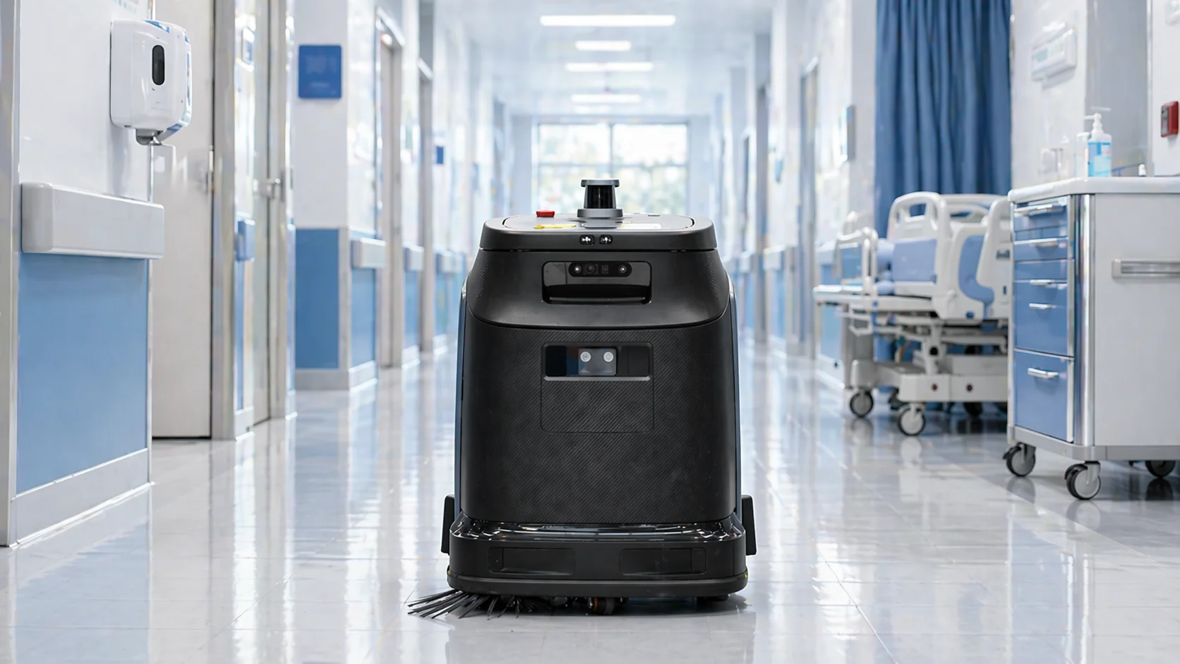Gausium Phantas im Korridor einer Klinik