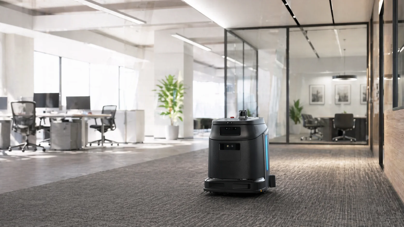 Gausium Phantas reinigt einen offenen Bürobereich autonom