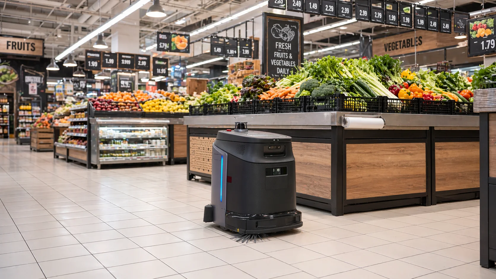 Reinigungsroboter Gausium Phantas auf der Verkaufsfläche eines Supermarkts